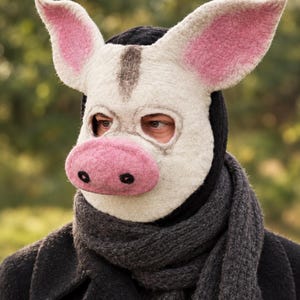 Pode incluir: Uma máscara de porco em lã feltrada com um rosto de cor creme, orelhas grandes e eretas com detalhes internos cor-de-rosa, um focinho cor-de-rosa proeminente com duas narinas pretas e uma mancha cinzento-escura na testa.