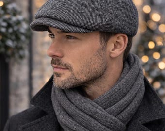 Gorra de tweed estilo vendedor de periódicos para hombre: gorra plana de lana de ocho paneles con orejeras