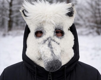 Máscara de oso polar hecha a mano de lana – Máscara de animal de fieltro, oso blanco realista, pieza de disfraz única