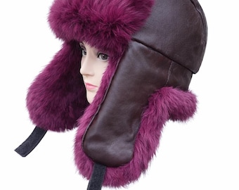 Faux Fur Ushanka Hat  カラー Burgundy Leather Rabbit Fur Ushanka Hat, Winter Earflap Lumberjack Pilot