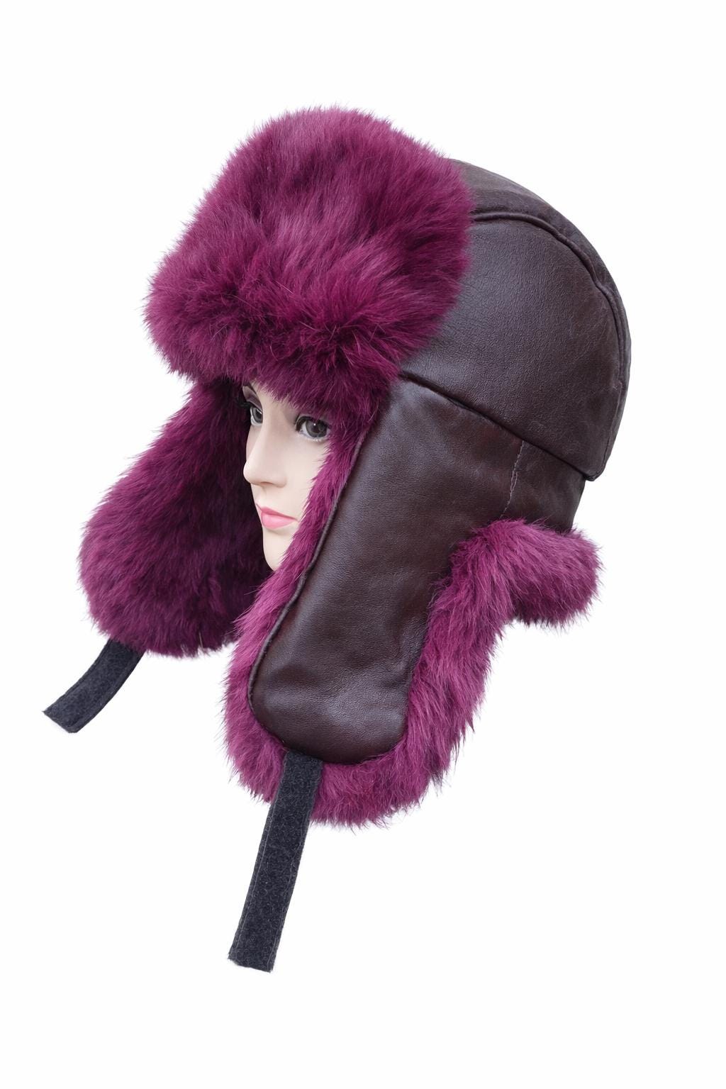 Leather Rabbit Fur Ushanka Hat, Winter Earflap Lumberjack Pilot