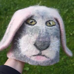 Felted rabbit hat with long ears.sauna hat.felt animal.warm winter hat.Cozy winter hat with rabbit face.warm wool hat.bunny hat.cosplay