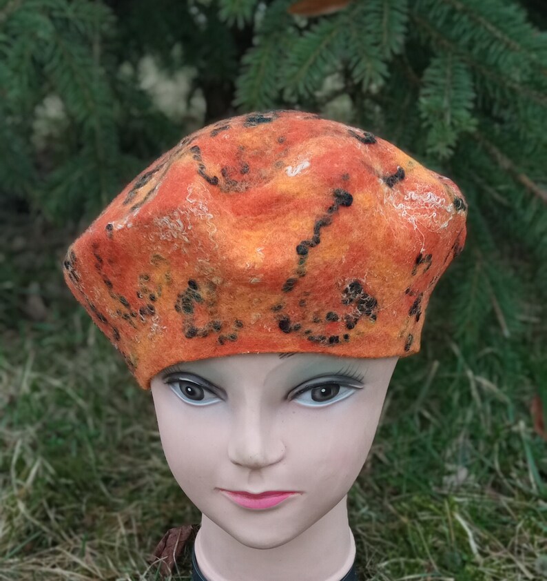 Orange womens felted merino wool beret.nuno felt hat.warm felted hat.Christmas gift.Fashion felted hat.merino wool hat.Boho hat.felted beret image 7