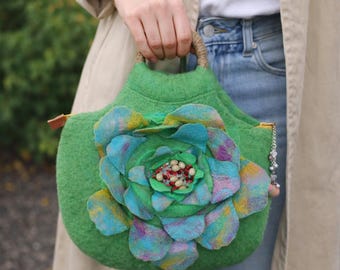 Green Felted Wool Bag, Floral Fiber Art Handbag, Boho Purse