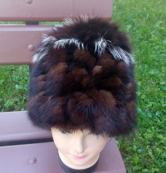 Brown Knitted Mink Fur Hat with Fox Fur Tr… Sectioned Mink Fur Hat with Fox Fur Trim – Henig Furs main image 3