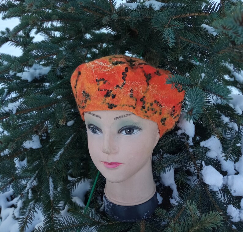 Orange womens felted merino wool beret.nuno felt hat.warm felted hat.Christmas gift.Fashion felted hat.merino wool hat.Boho hat.felted beret image 3