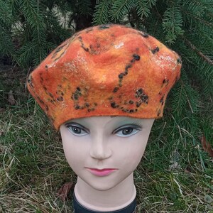 Orange womens felted merino wool beret.nuno felt hat.warm felted hat.Christmas gift.Fashion felted hat.merino wool hat.Boho hat.felted beret image 2