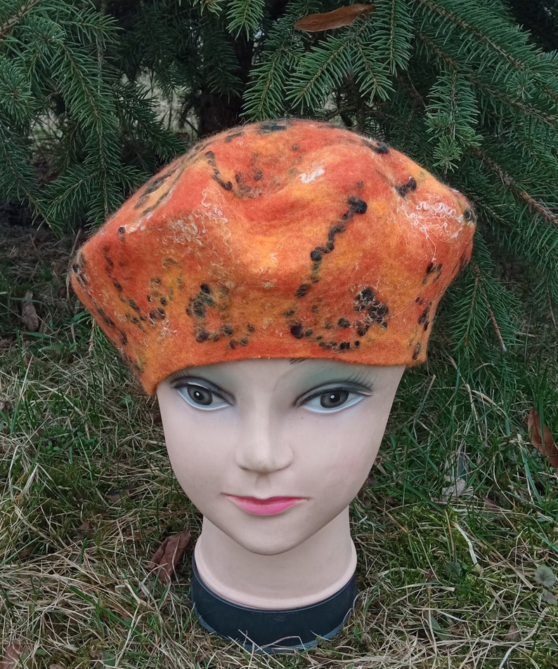 Orange womens felted merino wool beret.nuno felt hat.warm felted hat.Christmas gift.Fashion felted hat.merino wool hat.Boho hat.felted beret image 2