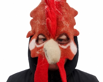 Felt Rooster Mask, Handmade Costume Mask, Fantasy Bird, Cosplay, Wearable Art, Adult & Child Sizes