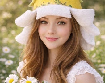 Merino Wool Daisy Hat, Cottagecore Flower Festival Headpiece,fantasy cosplay