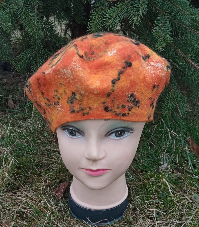 Orange womens felted merino wool beret.nuno felt hat.warm felted hat.Christmas gift.Fashion felted hat.merino wool hat.Boho hat.felted beret image 10