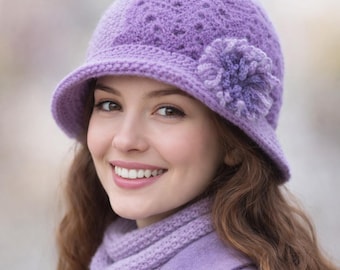 Hand Crochet Lilac Hat with Flower – Women’s Wool Blend Hat