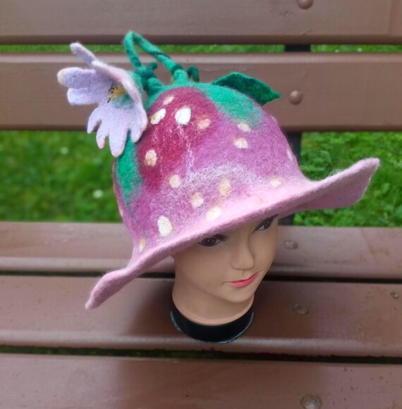 Pink Felted Wool Bell Hat: Flower Accent, Sauna Costume