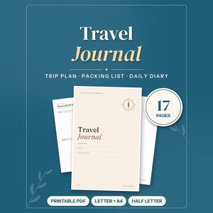 May include: A printable travel journal PDF set featuring a cream-colored cover with the text Travel Journal and a compass icon. The set includes 17 pages with sections for a trip plan, packing list, and daily diary in Letter, A4, and half-letter sizes.