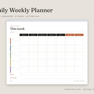 Family Weekly Planner Printable, Color-Coded Schedule, Meal & Grocery List (PDF Download)