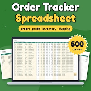 Pode incluir: Uma planilha de rastreamento de pedidos exibida na tela de um laptop com o texto Order Tracker Spreadsheet, orders, profit, inventory, shipping, 500 ORDERS, EXCEL, GOOGLE SHEETS e NO MACROS. A interface digital mostra colunas de dados.