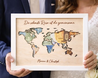 Hochzeitsgeschenk personalisiert, Geldgeschenk Hochzeit, Weltkarte personalisiert, Brautpaar