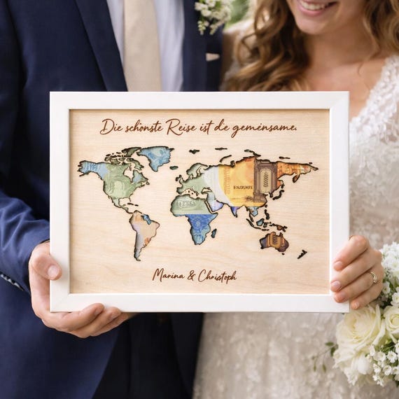 Hochzeitsgeschenk personalisiert, Geldgeschenk Hochzeit, Weltkarte personalisiert, Brautpaar