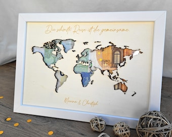 Hochzeitsgeschenk personalisiert, Geldgeschenk Hochzeit, Weltkarte personalisiert, Brautpaar
