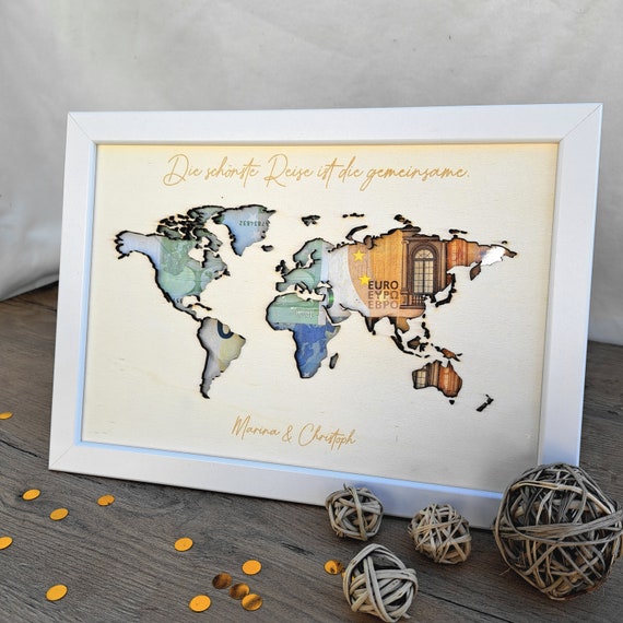 Hochzeitsgeschenk personalisiert, Geldgeschenk Hochzeit, Weltkarte personalisiert, Brautpaar