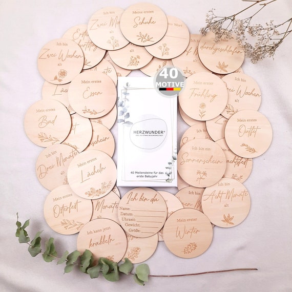 40 Baby Meilensteine auf edlem Holz + Geschenkbox, Meilensteinkarten Baby, Geschenkset zur Babyparty, Schwangerschaft, Junge, Mädchen Gravur