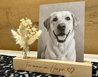 Gedenkleiste Hund aus Holz – Bilderleiste mit Schlitz für Foto, Kerze & Trockenblumen - Erinnerung an Haustier Trauergeschenk, Fotobalken