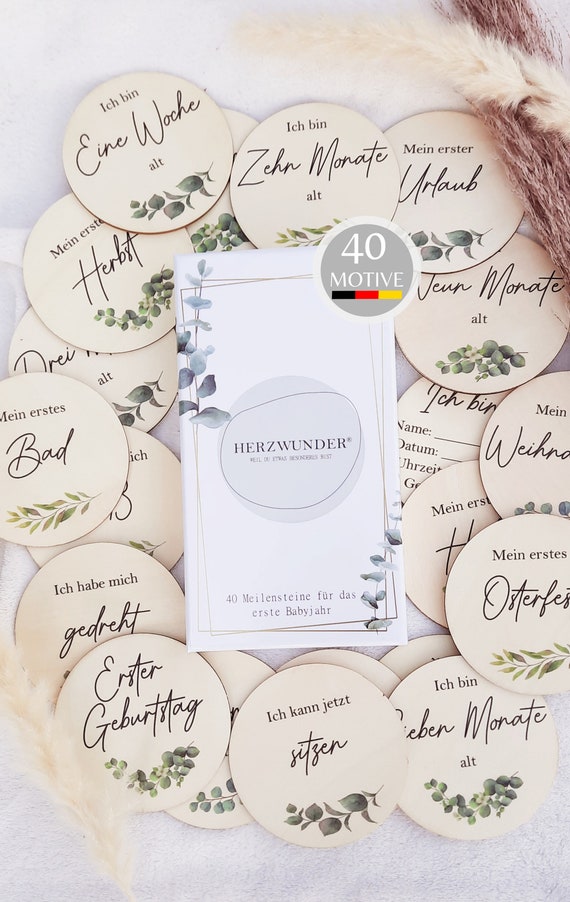 40 Baby Meilensteine auf edlem Holz + Geschenkbox, Meilensteinkarten Baby, Geschenkset zur Babyparty, Schwangerschaft, Junge, Mädchen
