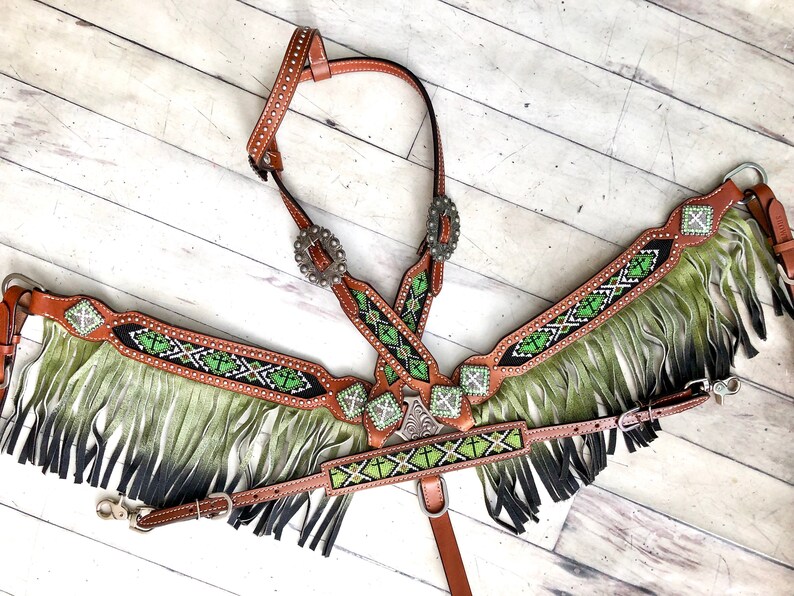 Green Ombre Fringe Beaded Tack Set - Etsy
