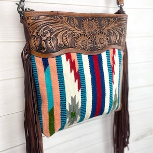 SALE! Peach Teal Serape Pattern Wool Leather Handbag