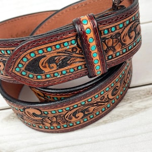 Turquoise Dotted Border Tooled Leather Womans Belt image 3