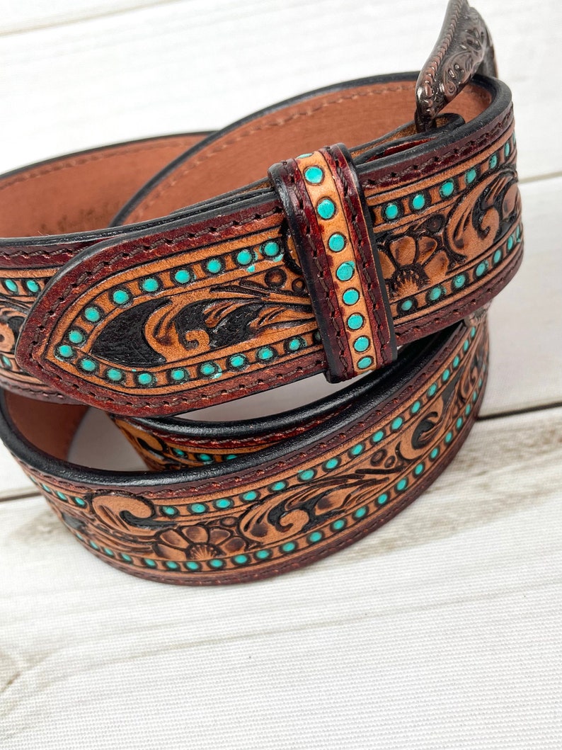 Turquoise Dotted Border Tooled Leather Womans Belt image 3