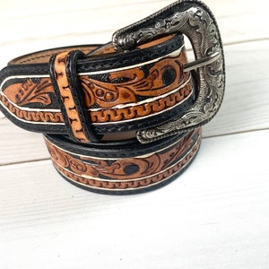 Black Border Tooled Leather Woman’s Belt