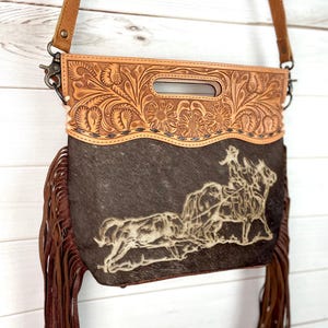 Branded Cowgirl Roper Hide & Leather Handle Fringe Bag