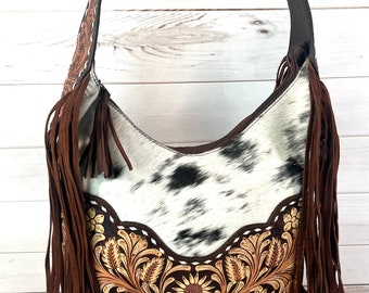 Light and Dark Leather Floral Tooled Cowhide Hobo Handbag
