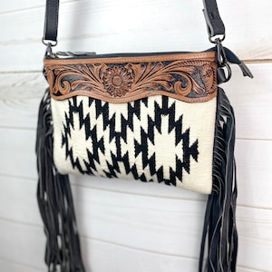 Black & Cream Wool Pattern with Leather Tooled Top and Black Fringe