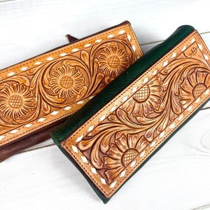Tooled Floral Buckstitch Flap Leather Wallet