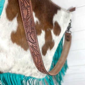 Brown and White Hide Crossbody Bag with Turquoise Fringe