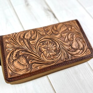 Large Leather Floral Tooled Zipper Wallet