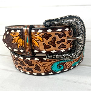 Leopard Sunflower Tooled Leather Woman’s Belt