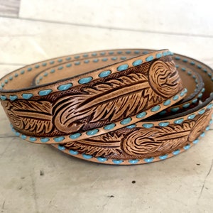 Feather Leather Tooled Teal Buckstitch Handbag Straps