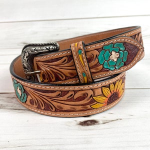 Sunflower & Blue Wild Flower Leather Woman’s Belt