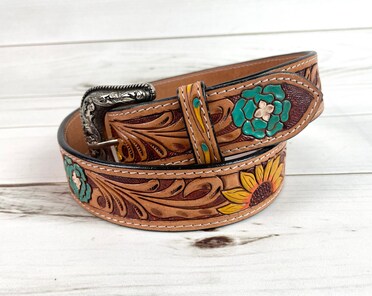 SUNFLOWER ダブルピン レザーベルト 85　サンフラワー　新品 Sunflower & Blue Wild Flower Leather Woman's Belt - Etsy