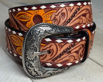 Sunflower Handtooled Belt, Western Leather Belt, Hand 