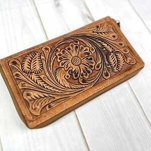 Large Leather Floral Tooled Zipper Wallet