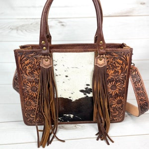 Prescott Brown Pattern Hide Tote with Leather Tooled Sunflowers
