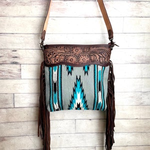 Grey and Turquoise Aztec Pattern Wool Serape Handbag