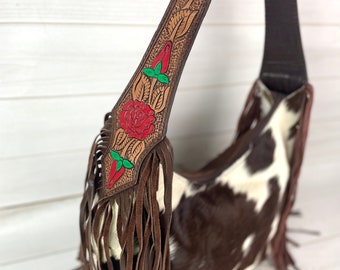 Rose Leather Tooled and Cowhide Fringe Hobo Purse