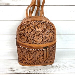 Leather Tooled Buckstitch Medium Size Backpack