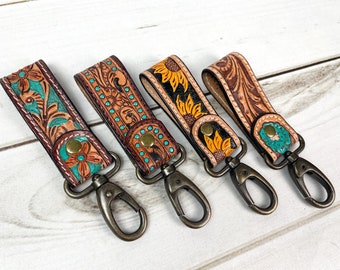 Tooled Leather Tab Key Fob