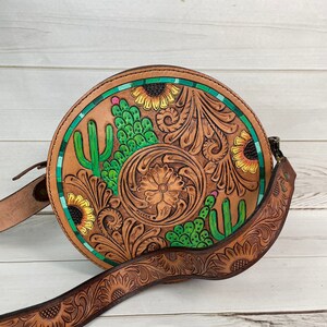 Cactus Sunflower Leather Tooled & Painted Buckstitch Round Canteen ...